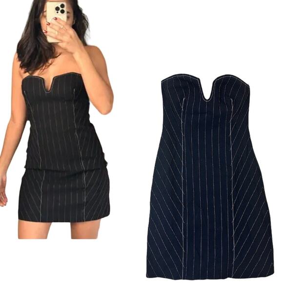Zara Women's Strapless Pinstripe Mini Dress‎ Black Fitted Stretch Size XS - Picture 1 of 9